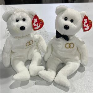 NWT Original Authentic Ty Beanie Babies Wedding Bear Pair with Gold Accents